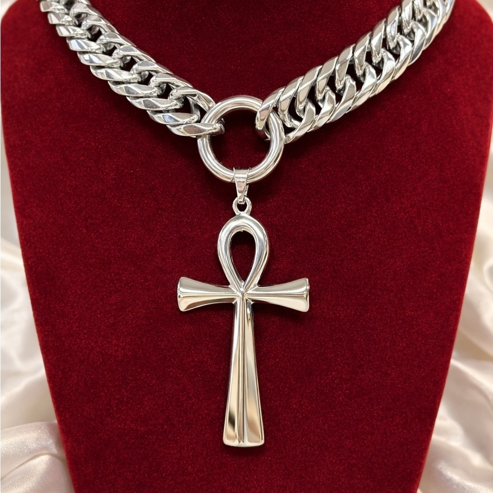 Silver Ankh Pendant Chunky Chain Necklace 16inch - Women Jewelry